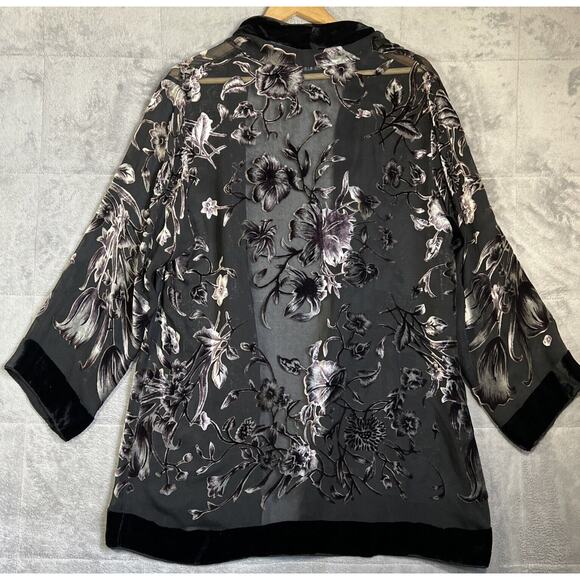 Vtg Silk Velvet Burnout Kimono Open Robe Black Small Whimsy Goth Dark Fairy - Picture 5 of 12